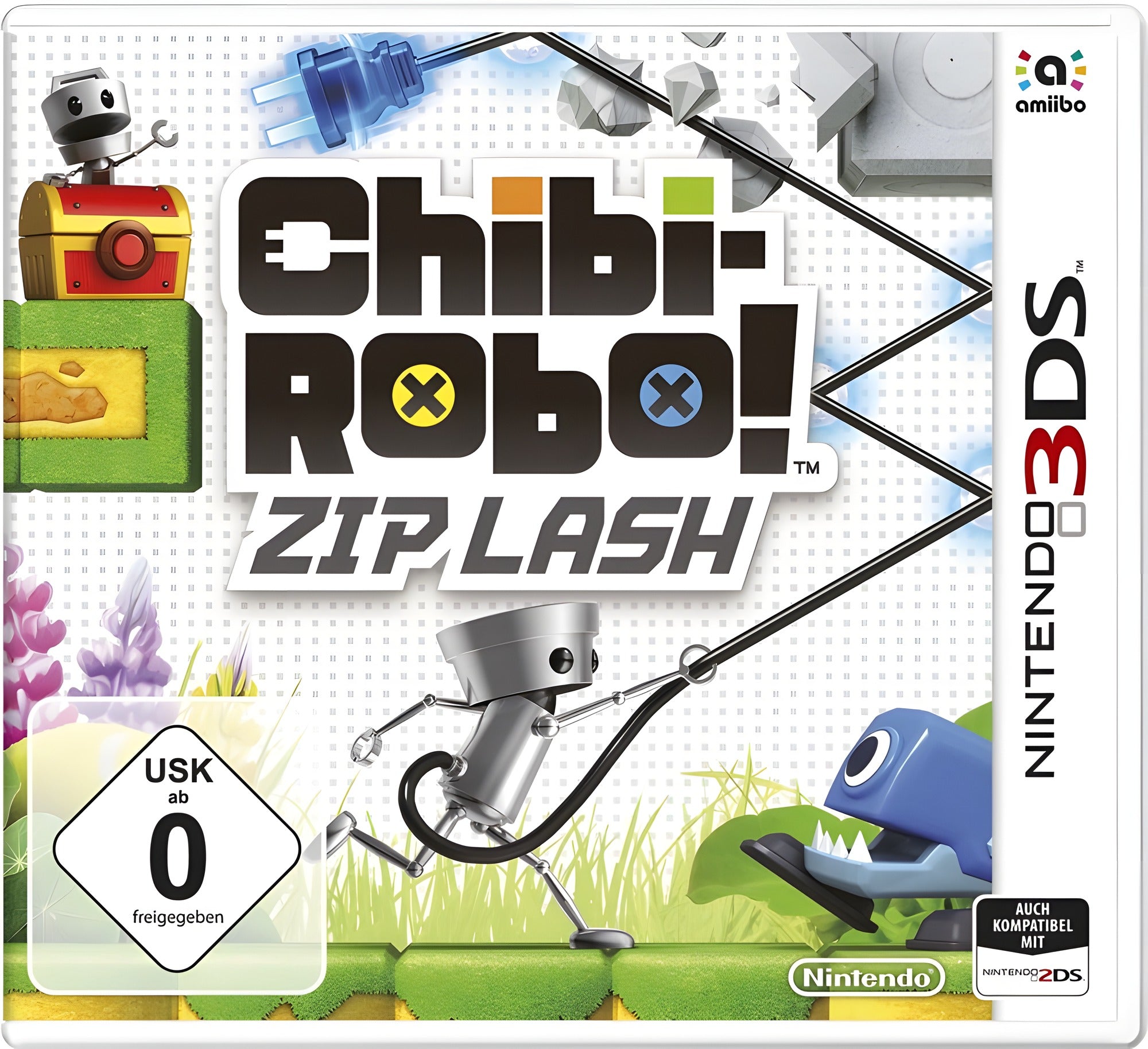 Chibi-Robo! Zip Lash zeigt auf dem Cover den namensgebenden Roboter, der seinen Stecker schwingt.