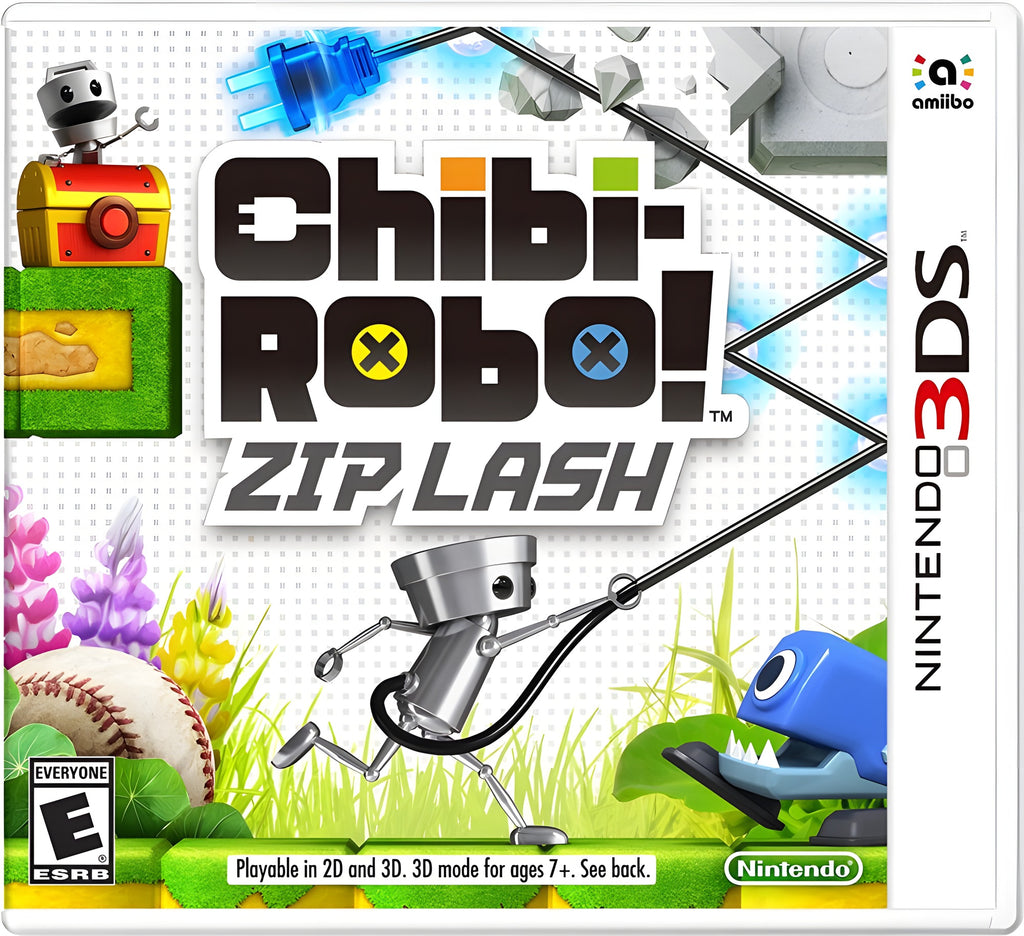 Das Cover von Chibi-Robo! Zip Lash zeigt den Roboter mit Kabelpeitsche vor einer bunten Landschaft.