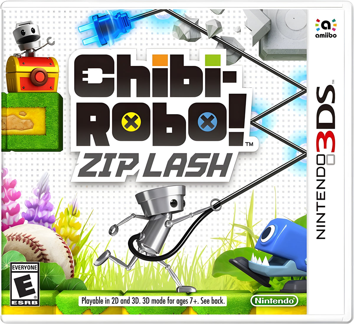 Das Cover von Chibi-Robo! Zip Lash zeigt den Roboter mit Kabelpeitsche vor einer bunten Landschaft.
