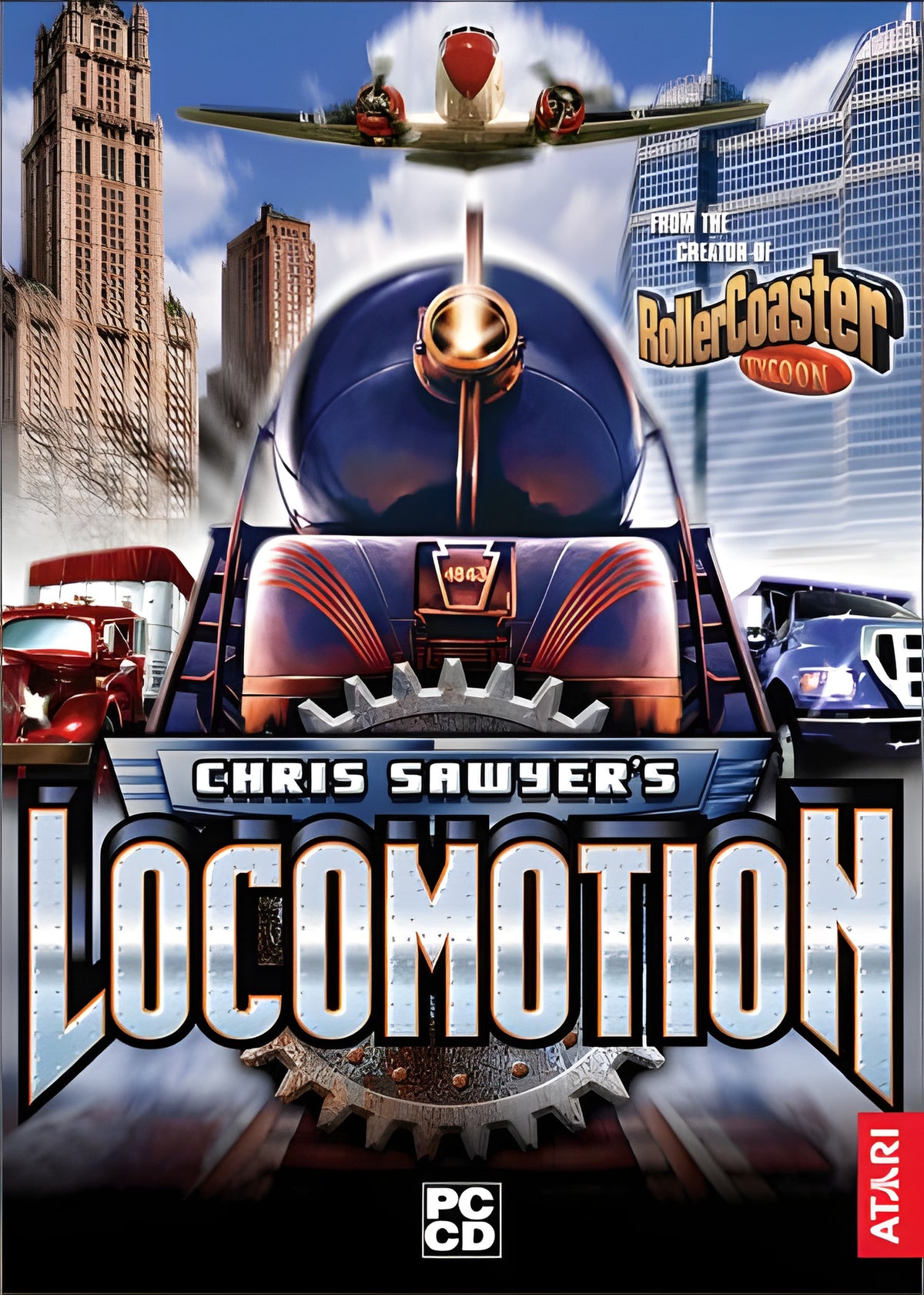 Das Cover von Chris Sawyer´s Locomotion für PC zeigt eine Dampflok, ein Flugzeug und Fahrzeuge vor Hochhäusern.
