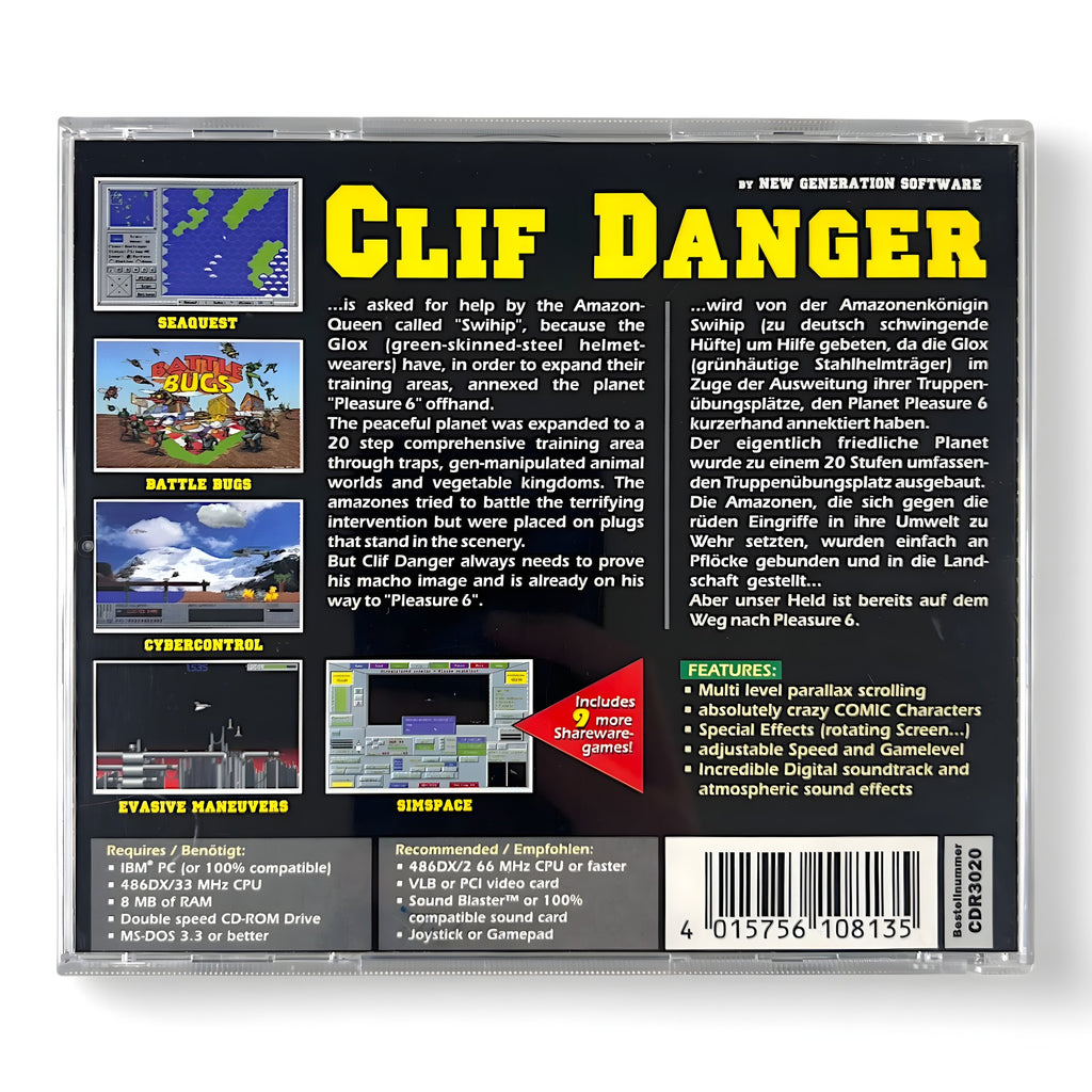 Die Rückseite von Clif Danger Shareware zeigt eine Beschreibung und vier kleine Spielszenen.