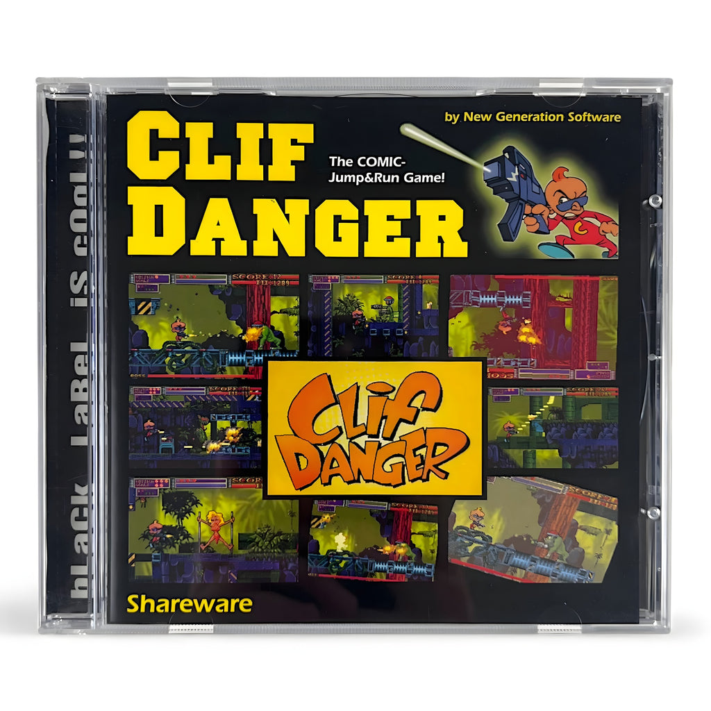 Das Cover von Clif Danger Shareware für PC zeigt den Titel und neun kleine Spielszenen mit dem Helden.