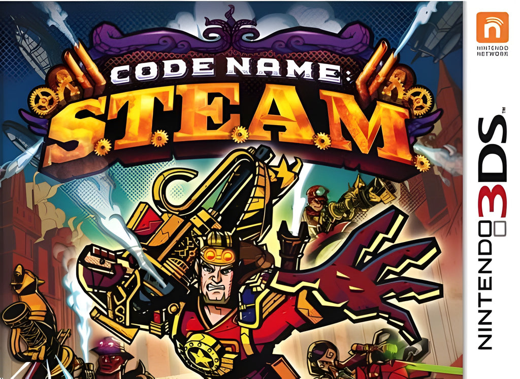 Das Cover von Code Name: S.T.E.A.M. zeigt einen muskulösen Helden mit einer grossen Waffe.