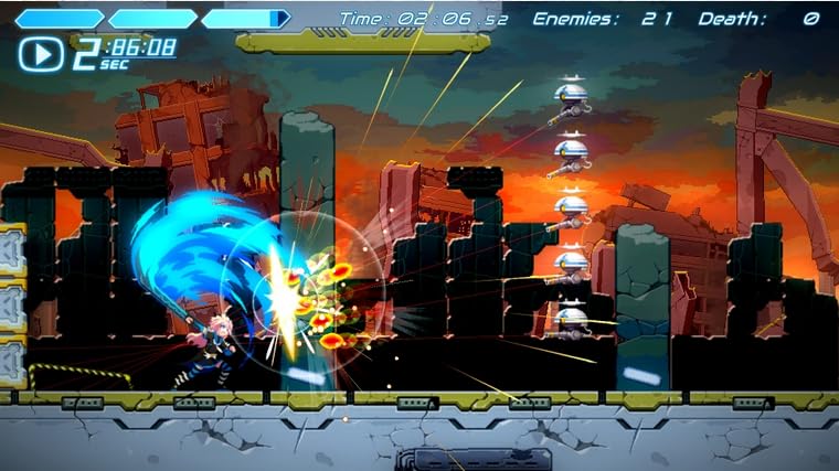 In Cogen: Sword Of Rewind kämpft die Heldin mit einem blauen Schwert gegen fliegende Roboter in Ruinen.