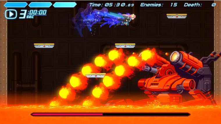 Im Spiel Cogen: Sword Of Rewind kämpft die Heldin über einem Lavafeld gegen einen großen Boss.