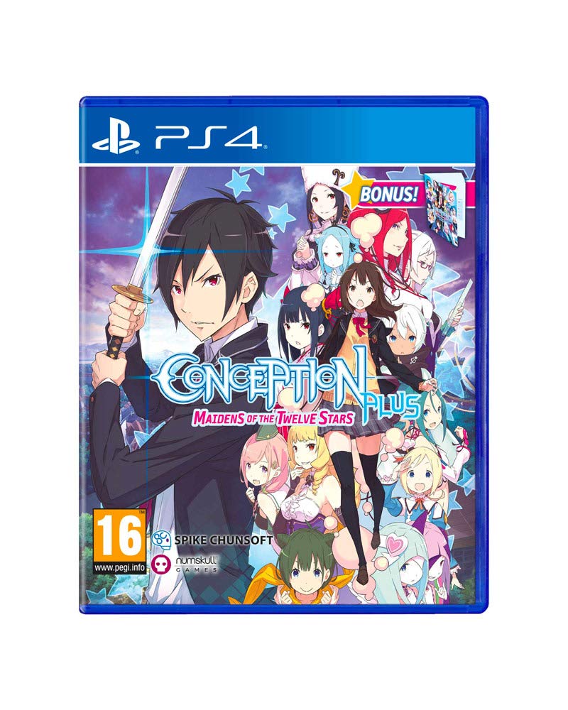 Conception Plus: Maidens of the Twelve Stars für PS4 zeigt einen Mann mit Schwert und viele Frauen auf dem Cover, PEGI ab 16.