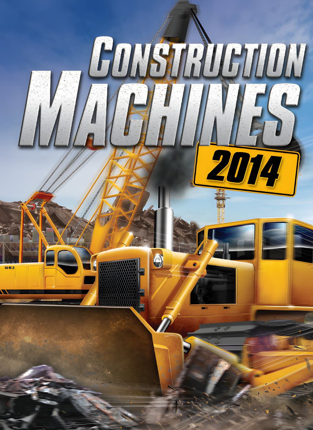 Das Cover von Construction Machines 2014 für PC zeigt einen gelben Bulldozer und Kran auf einer Baustelle.