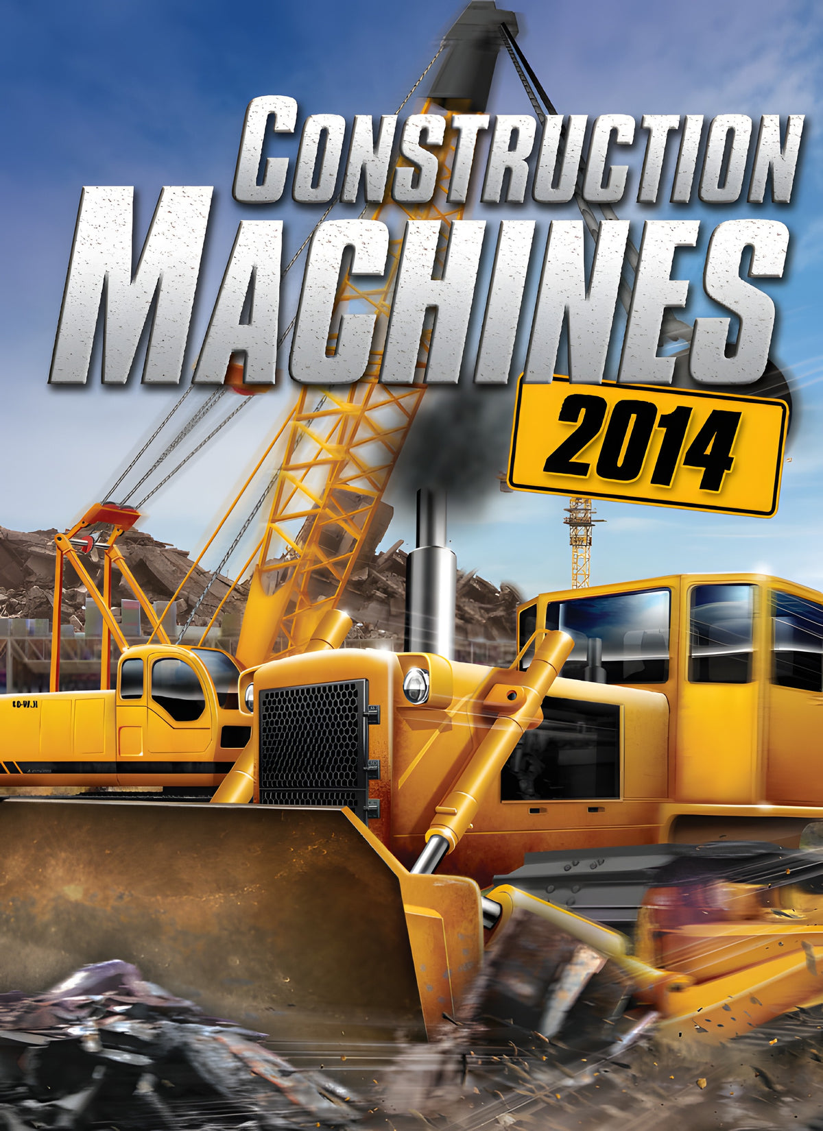 Das Cover von Construction Machines 2014 für PC zeigt einen gelben Bulldozer und Kran auf einer Baustelle.