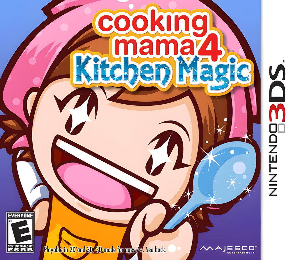 Das Cover von Cooking Mama 4: Kitchen Magic zeigt Mama mit einem glitzernden Löffel und ESRB E Siegel.