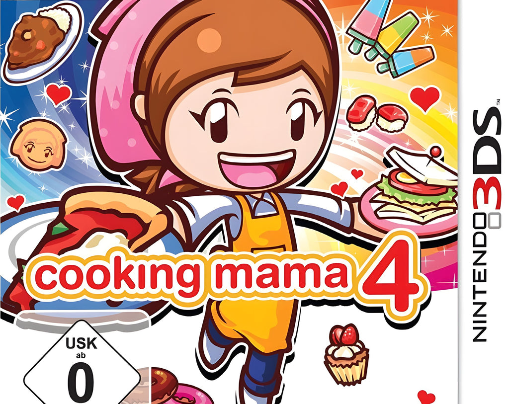 Das Cover von Cooking Mama 4 zeigt die lachende Mama mit vielen bunten Gerichten und dem USK-Siegel ab 0.