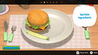Ein angerichteter Burger mit einer Gewürzgurke liegt auf einem Teller, daneben Besteck und eine Menüanzeige.
