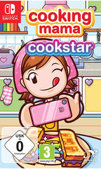 Das Cover von Cooking Mama: CookStar für Nintendo Switch zeigt Mama mit einem Smartphone vor einem Teller mit Toast.