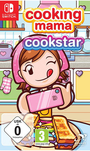 Das Cover von Cooking Mama: CookStar für Nintendo Switch zeigt Mama mit einem Smartphone vor einem Teller mit Toast.