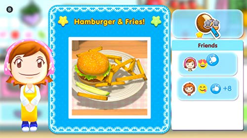 Mama steht neben einer Anzeige für Hamburger & Fries, die auf einem Teller angerichtet sind.