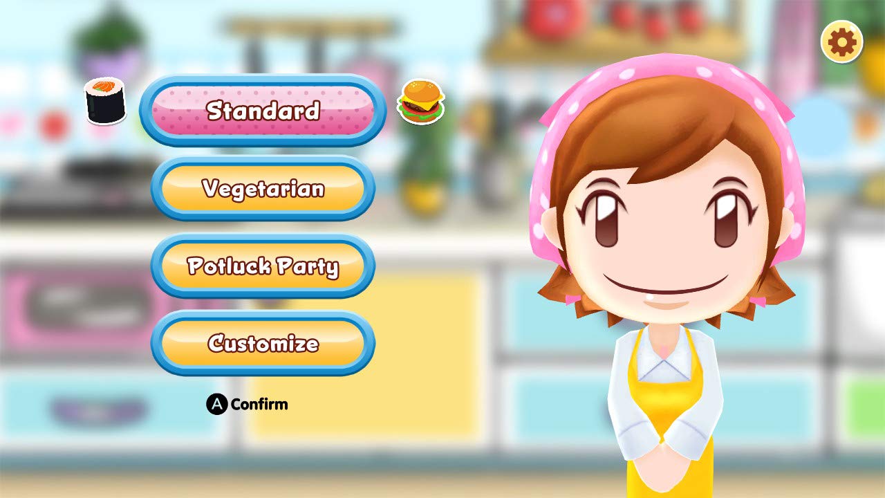 Das Menü von Cooking Mama: CookStar zeigt die Optionen Standard, Vegetarian, Potluck Party und Customize.
