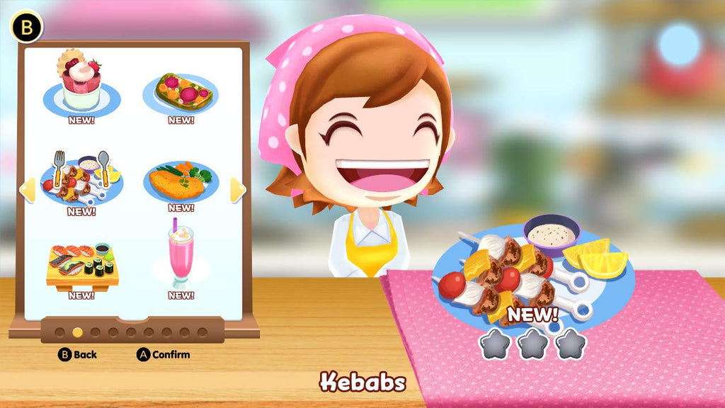 Cooking Mama: CookStar zeigt eine Rezeptauswahl mit neuen Gerichten und Kebabs als ausgewähltes Gericht.