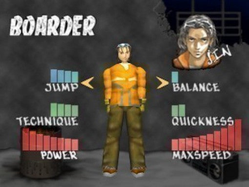 Das Charakterauswahlmenü zeigt den Snowboarder Jin mit seinen Fähigkeiten wie Sprung, Balance und Geschwindigkeit.