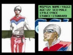 Der Charakter Yaggi ist in einer Menüansicht des Spiels Cool Boarders 2 mit seinen Statistiken zu sehen.