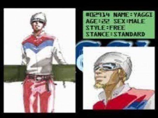 Der Charakter Yaggi ist in einer Menüansicht des Spiels Cool Boarders 2 mit seinen Statistiken zu sehen.