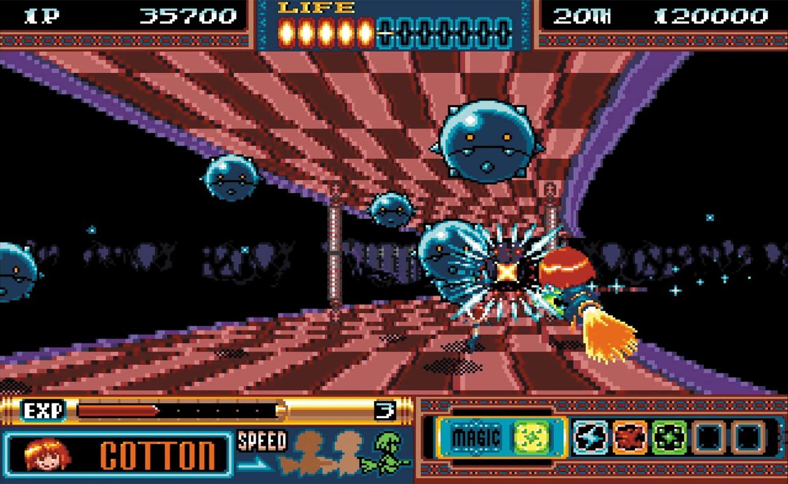 In Cotton 16Bit Special Pack Limited Edition fliegt eine Hexe auf einem Besen durch eine Höhle und schießt auf Gegner.