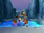 Crash Bandicoot steht auf einer Eisfläche in einem verschneiten Level mit Holzkisten.