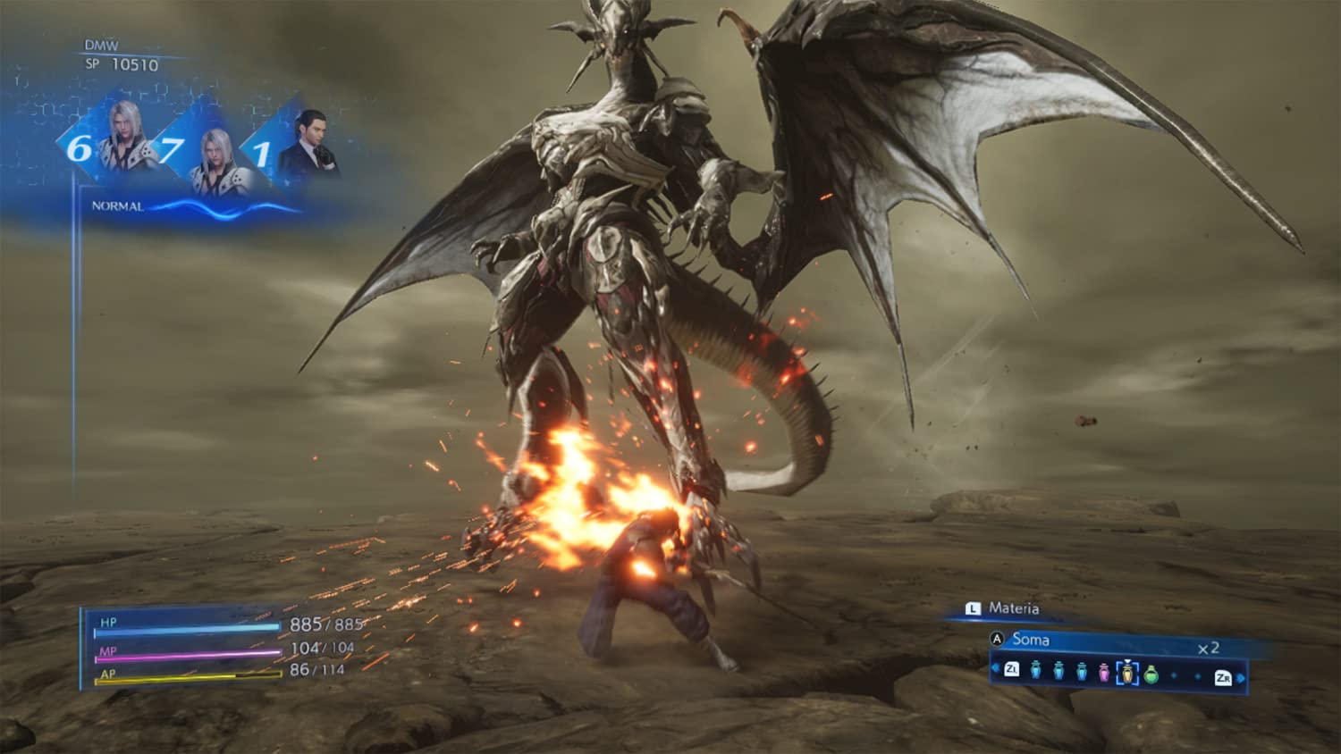 Zack Fair kämpft gegen einen großen, geflügelten Drachen, der Feuer speit, mit Kampfanzeigen am oberen Rand.