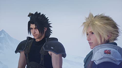 Zack Fair und Cloud Strife stehen in einer verschneiten Berglandschaft und blicken nach rechts.