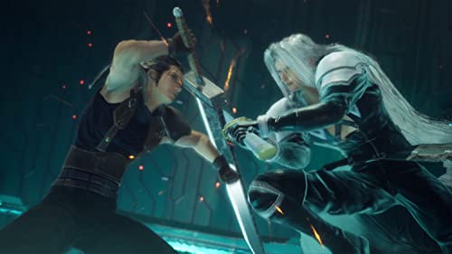 Zack Fair und Sephiroth kämpfen mit Schwertern in einer dunklen, futuristischen Umgebung.