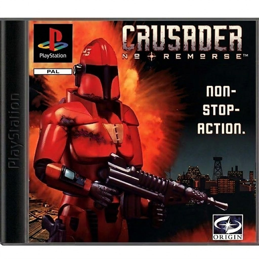 Crusader: No Remorse für PlayStation zeigt einen roten Soldaten mit Gewehr vor einer Stadtkulisse, USK ab 18.