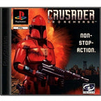Crusader: No Remorse für PlayStation zeigt einen roten Soldaten mit Gewehr vor einer Stadtkulisse, USK ab 18.