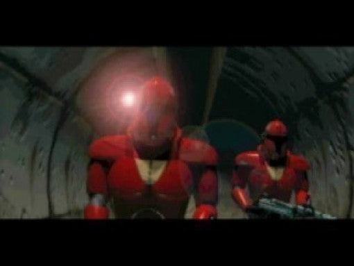 Zwei rote Soldaten mit Helmen und Gewehren gehen durch einen dunklen Tunnel, im Hintergrund ein Licht.