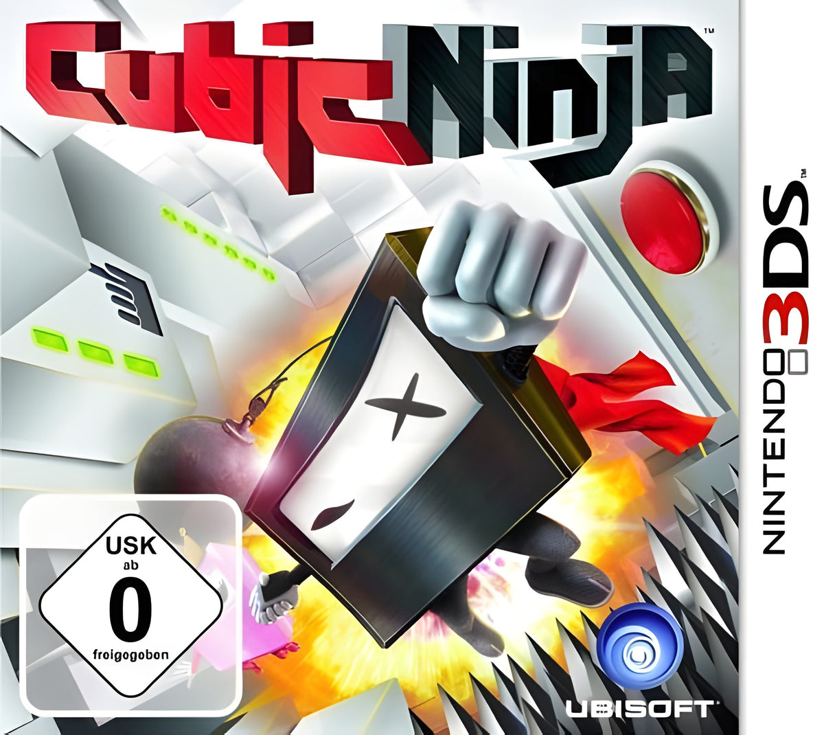 Das Cover von Cubic Ninja für Nintendo 3DS zeigt einen schwarzen Würfel mit Gesicht, der eine Bombe hält. USK ab 0.