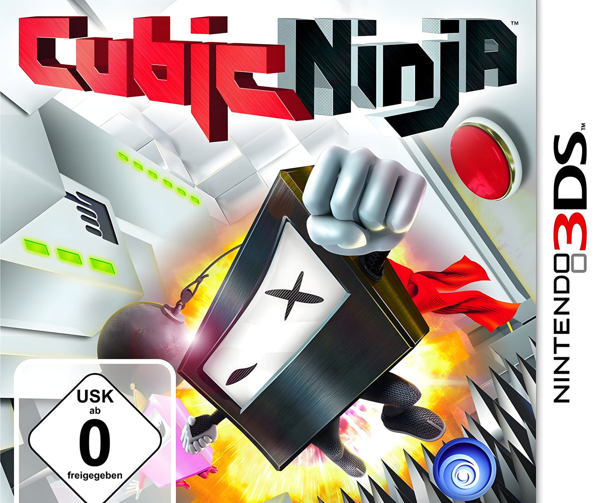 Das Cover von Cubic Ninja für Nintendo 3DS zeigt einen schwarzen Würfel mit Gesicht, der eine Bombe hält. USK ab 0.