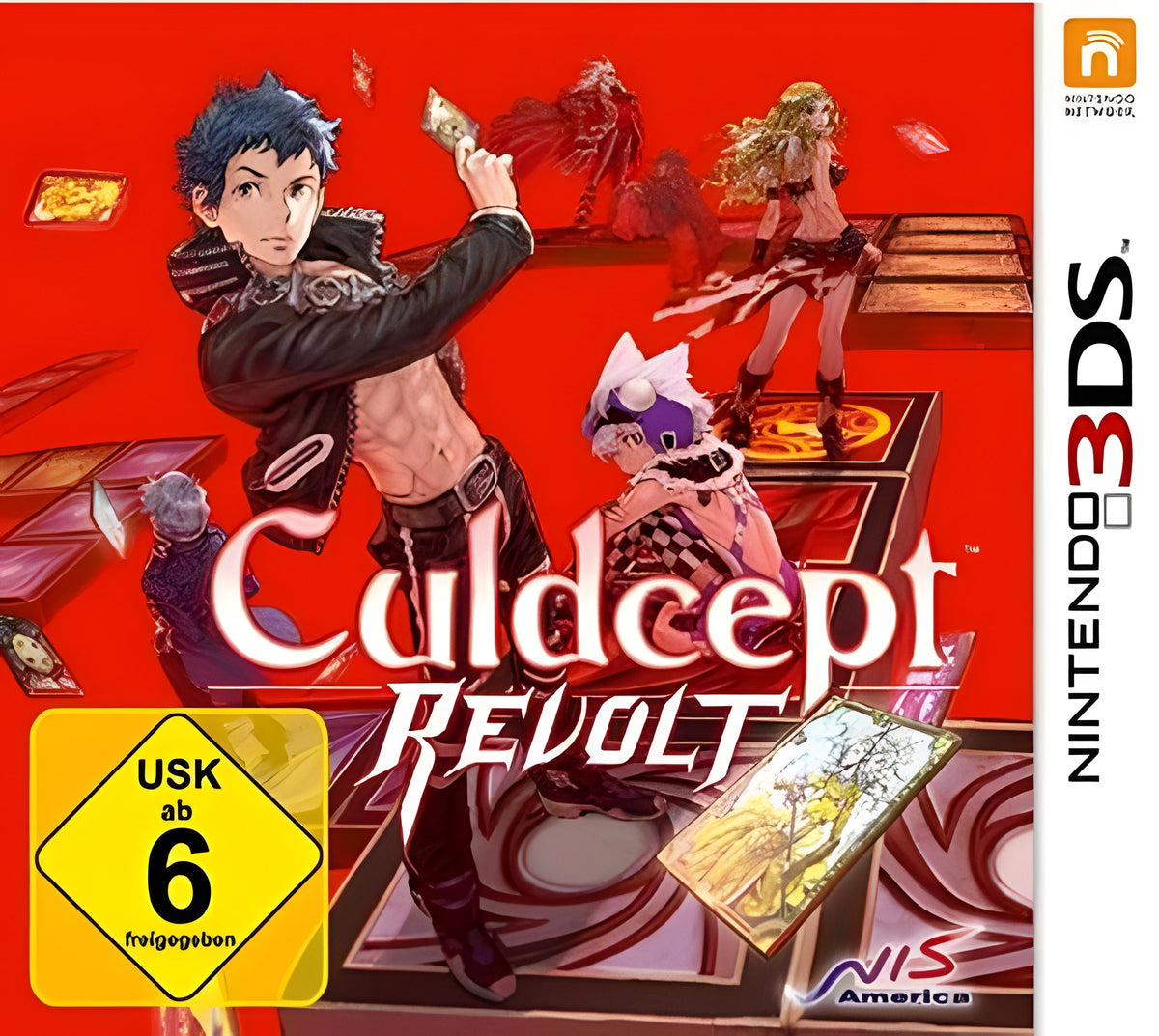 Das Cover von Culdcept Revolt zeigt einen jungen Mann, der Karten in der Hand hält, und die USK ab 6.