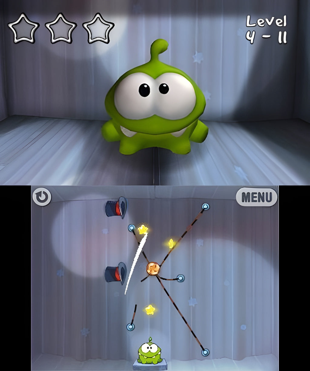 Eine Spielszene aus Cut the Rope Trilogy zeigt Om Nom in Level 4-11 mit Zauberhüten.