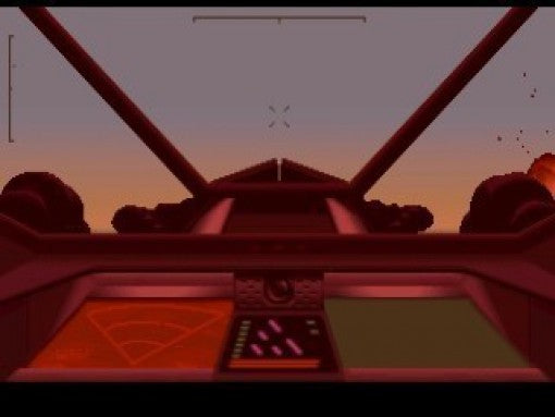 Blick aus einem Cockpit auf eine rötliche Landschaft mit einem Sonnenuntergang und Explosionen am Horizont.
