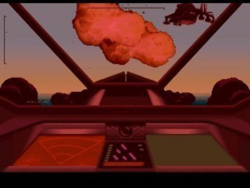 Blick aus einem Cockpit auf eine große rote Explosion am Himmel über einer rötlichen Landschaft.
