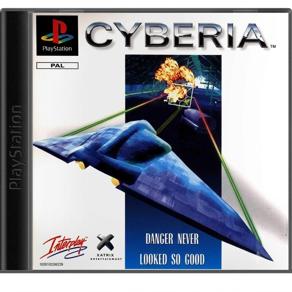 Das Cover von Cyberia für PlayStation zeigt ein blaues Raumschiff vor einer Explosion und dem Konsolenkost-Logo.