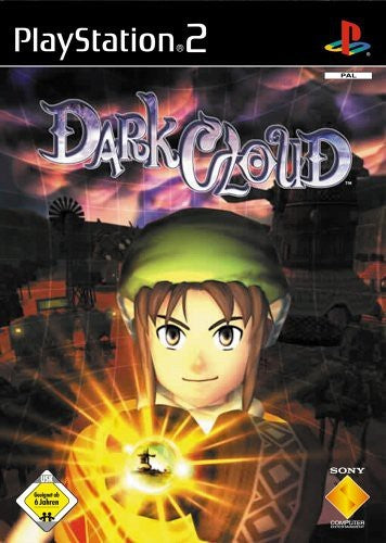 Das Cover von Dark Cloud für PlayStation 2 zeigt den Helden Toan mit einer leuchtenden Kugel.