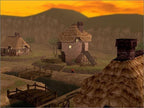 Ein kleines Dorf mit strohgedeckten Häusern und Holzbrücken in der Dämmerung.