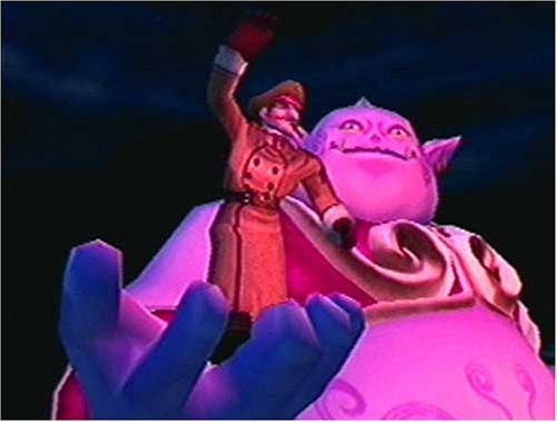 Ein Mann in Uniform mit roter Mütze steht auf der Schulter eines großen, pinkfarbenen lächelnden Monsters.
