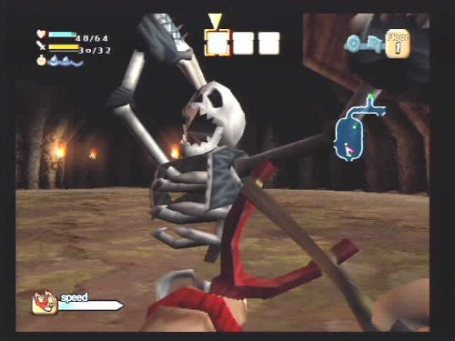 Ein Skelett-Gegner mit einer Keule wird in einem dunklen Dungeon aus der Ich-Perspektive bekämpft.