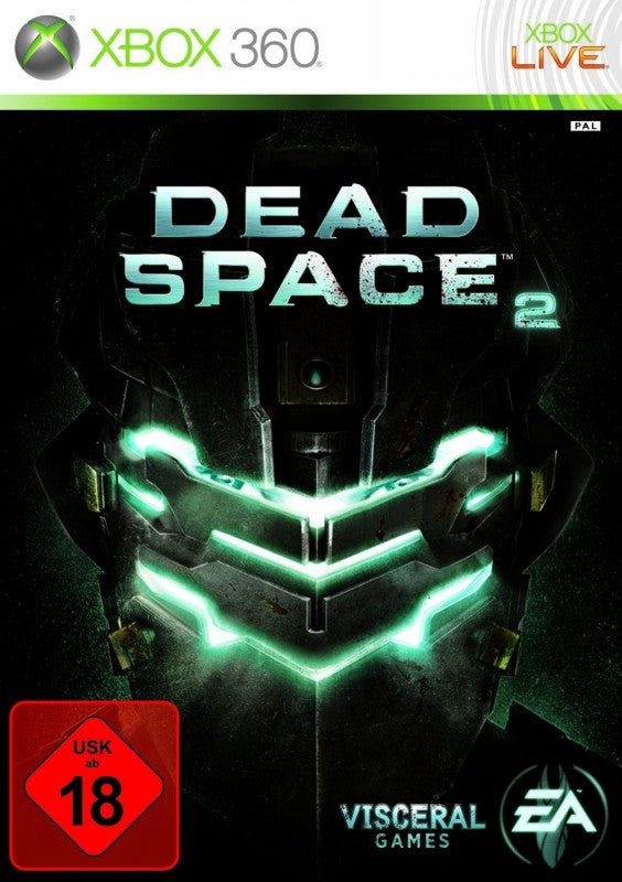 Das Cover von Dead Space 2 für Xbox 360 zeigt den Helm des Protagonisten mit leuchtendem Visier und das USK ab 18 Logo.