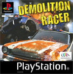 Die Vorderseite des Spiels Demolition Racer für PlayStation zeigt zwei stark beschädigte Rennwagen.