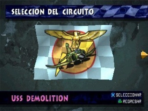 Das Menü zur Streckenauswahl zeigt die Option "USS DEMOLITION" mit einem Emblem aus Adler und Jet.