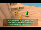 Der junge Simba steht vor einer Treppe aus Felsen und lernt mit spanischem Text das Springen.