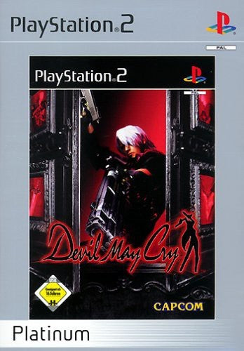 Das Cover von Devil May Cry für PlayStation 2 zeigt den Helden Dante mit zwei Pistolen, USK ab 16.