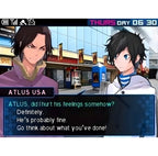 Ein Dialog in Devil Survivor 2: Record Breaker zeigt drei Charaktere und Textoptionen.