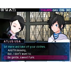 Zwei Charaktere führen einen Dialog in Devil Survivor 2: Record Breaker in einem Innenraum.