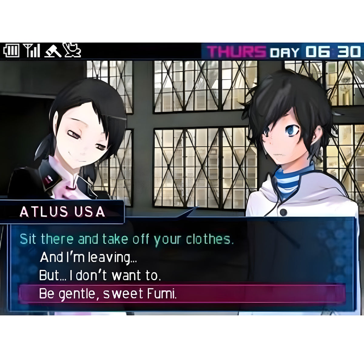 Zwei Charaktere führen einen Dialog in Devil Survivor 2: Record Breaker in einem Innenraum.